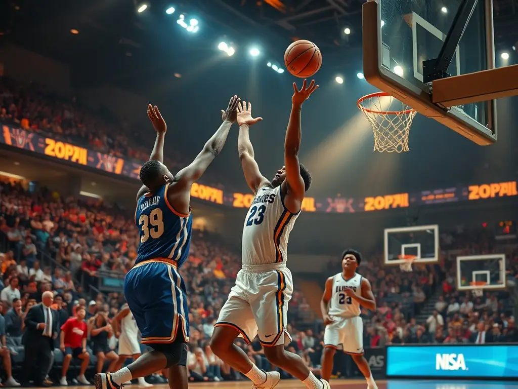 An action shot from a GOUESNOU BASKET competitive league game, capturing the intensity and excitement of the match, with players demonstrating their skills and teamwork.
