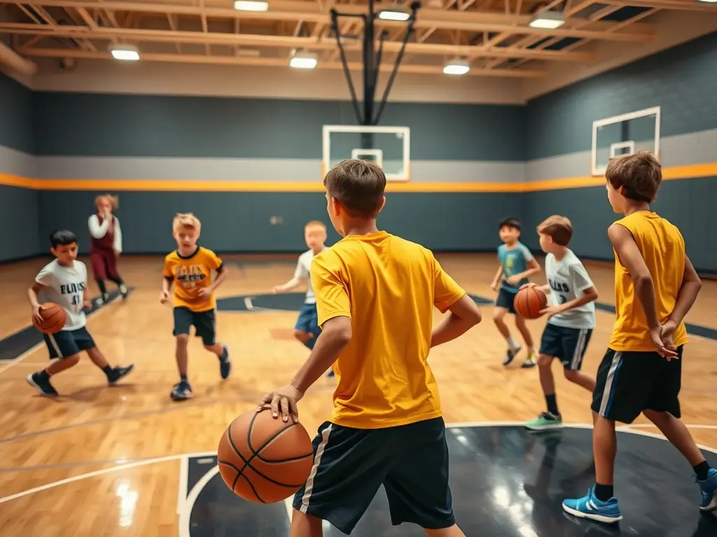 A dynamic shot of a GOUESNOU BASKET training session, showcasing players of various ages and skill levels engaged in drills, with coaches providing guidance and encouragement.
