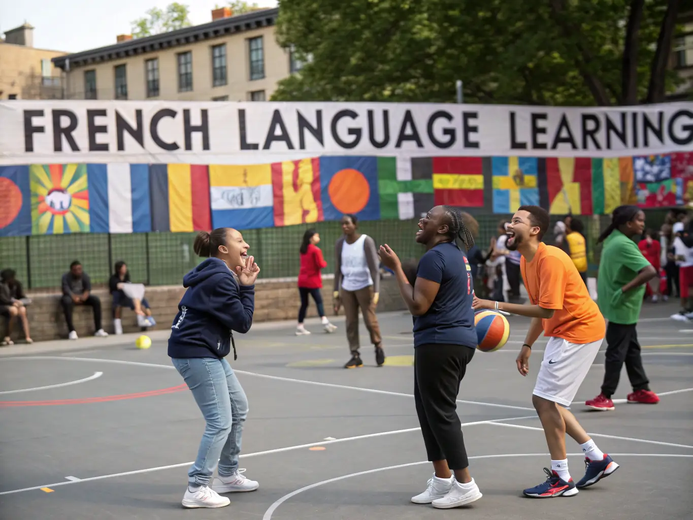 A heartwarming image of GOUESNOU BASKET members participating in a community event, such as a basketball clinic for children or a fundraising activity, highlighting the club's commitment to giving back to the community.