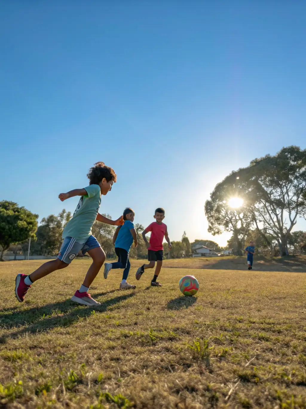 A dynamic image of children playing soccer in a local park, showcasing the energy and inclusivity of the community sports program.