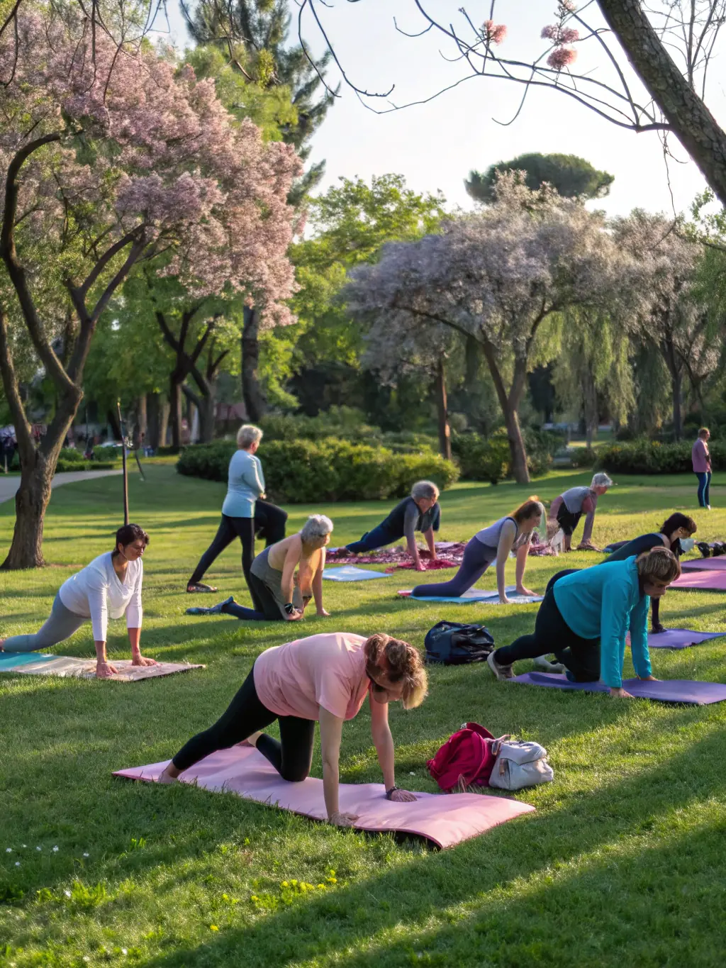 A photo of adults participating in a group fitness class outdoors, emphasizing the health and wellness aspect of the association's activities.
