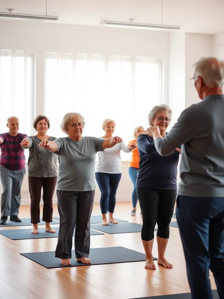 A group of seniors participating in a gentle exercise class, led by an instructor, focusing on mobility and balance in a safe and supportive setting at Don Bosco.