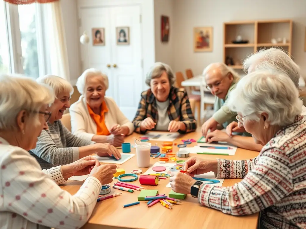 Residents engaging in a creative arts and crafts session, laughing and sharing ideas at a table in a brightly lit activity room at Don Bosco.