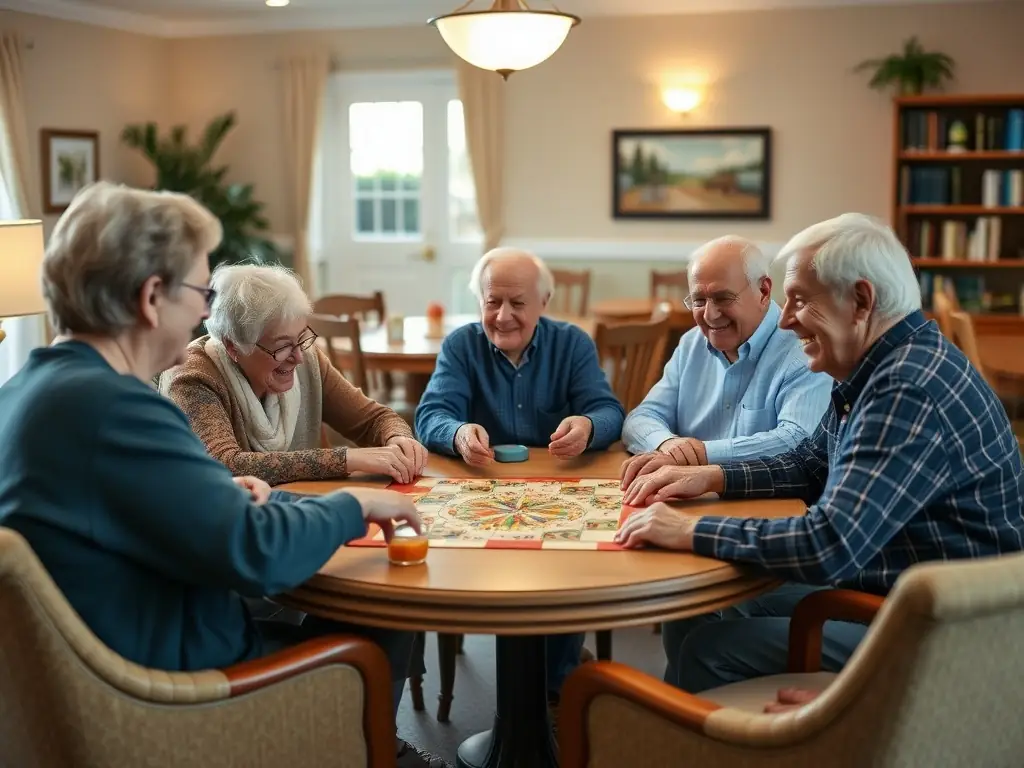 A group of residents playing board games and socializing in a comfortable lounge area at Don Bosco Adult Care Home, fostering a sense of community.