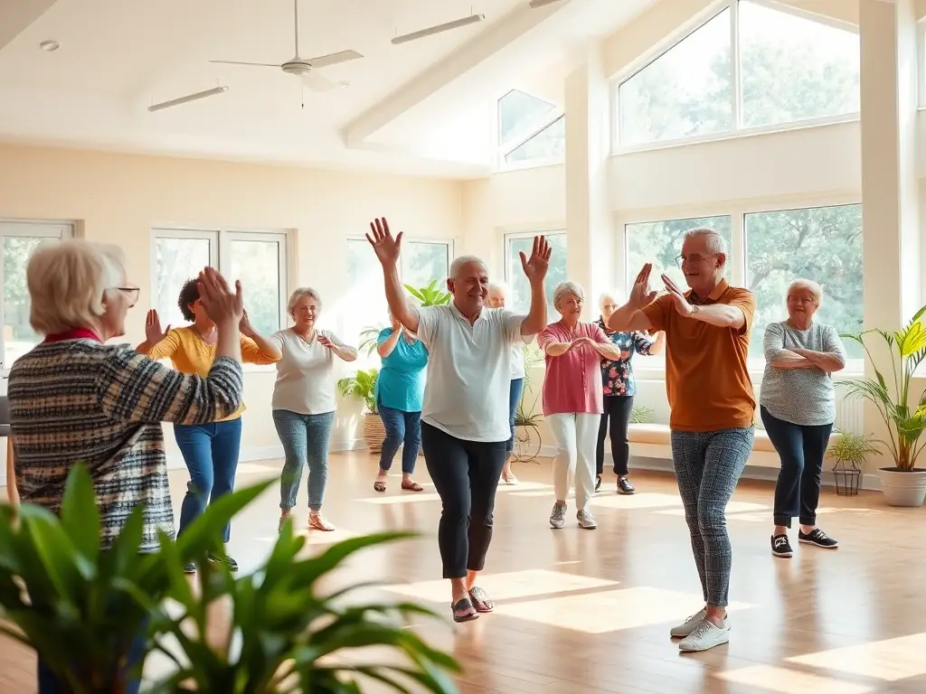 A group of residents participating in a gentle exercise class in a sunny room at Don Bosco Adult Care Home, led by a friendly instructor.