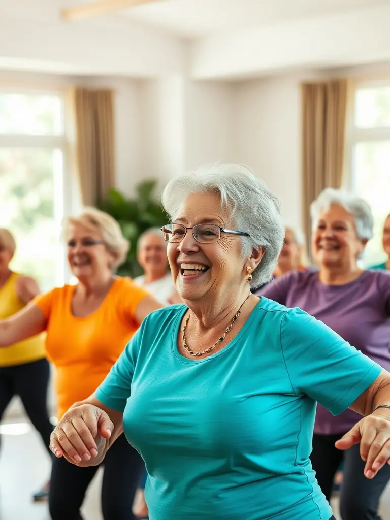 A group of seniors participating in a gentle exercise class at Don Bosco, focusing on mobility and well-being.