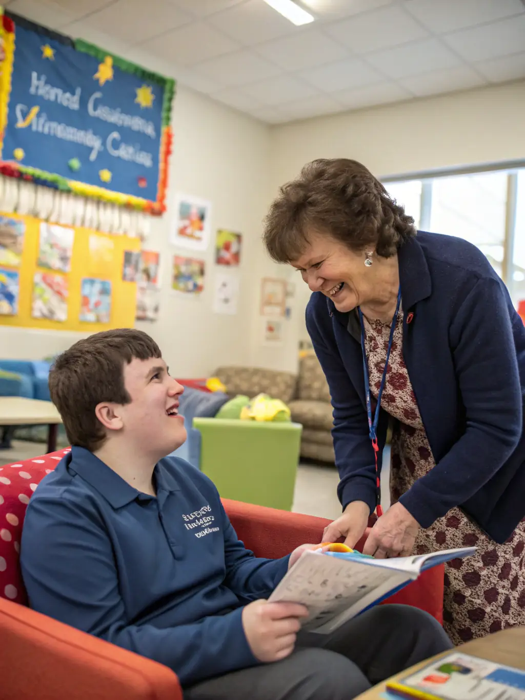 A social worker assisting a resident with a creative project, showcasing Don Bosco's commitment to personal development.