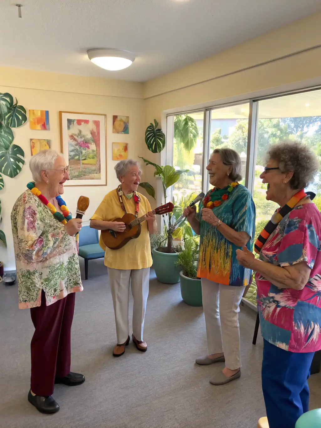 A group of residents participating in a music therapy session, playing instruments and singing along with a therapist in a bright, cheerful room at Don Bosco.