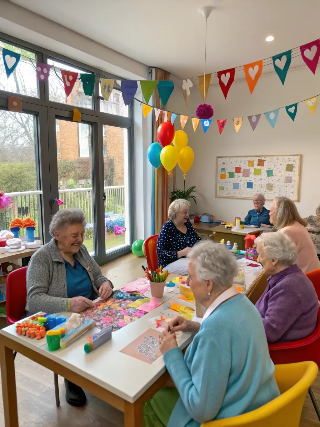 Residents working together on an art project, painting and creating crafts in a well-lit art studio at Don Bosco, fostering creativity and social interaction.
