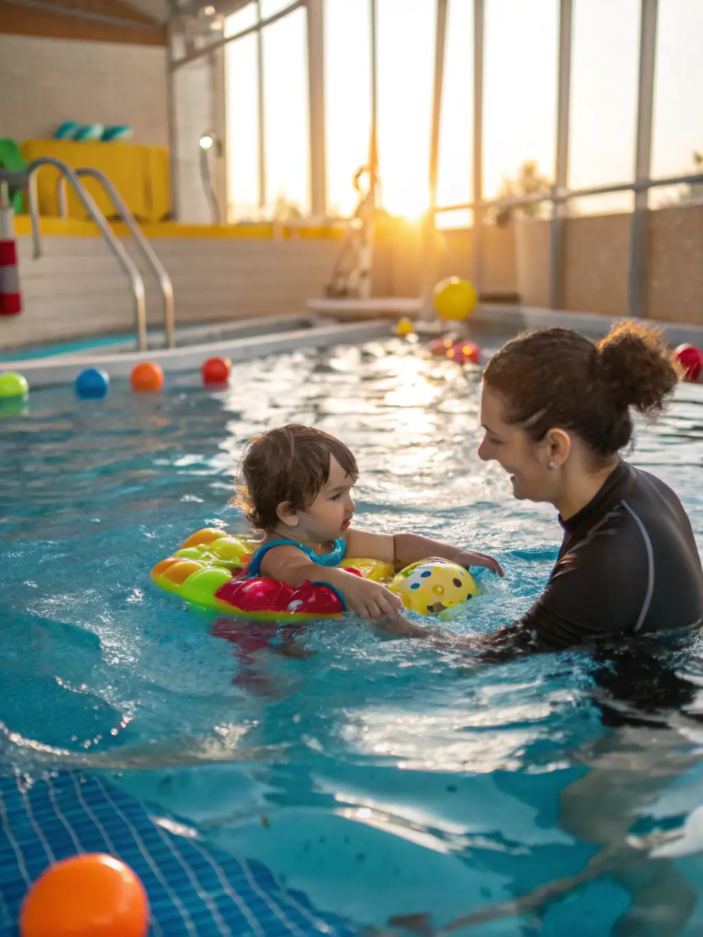 A group of children participating in a beginner's swimming lesson, focusing on basic water safety and buoyancy techniques in a shallow pool.