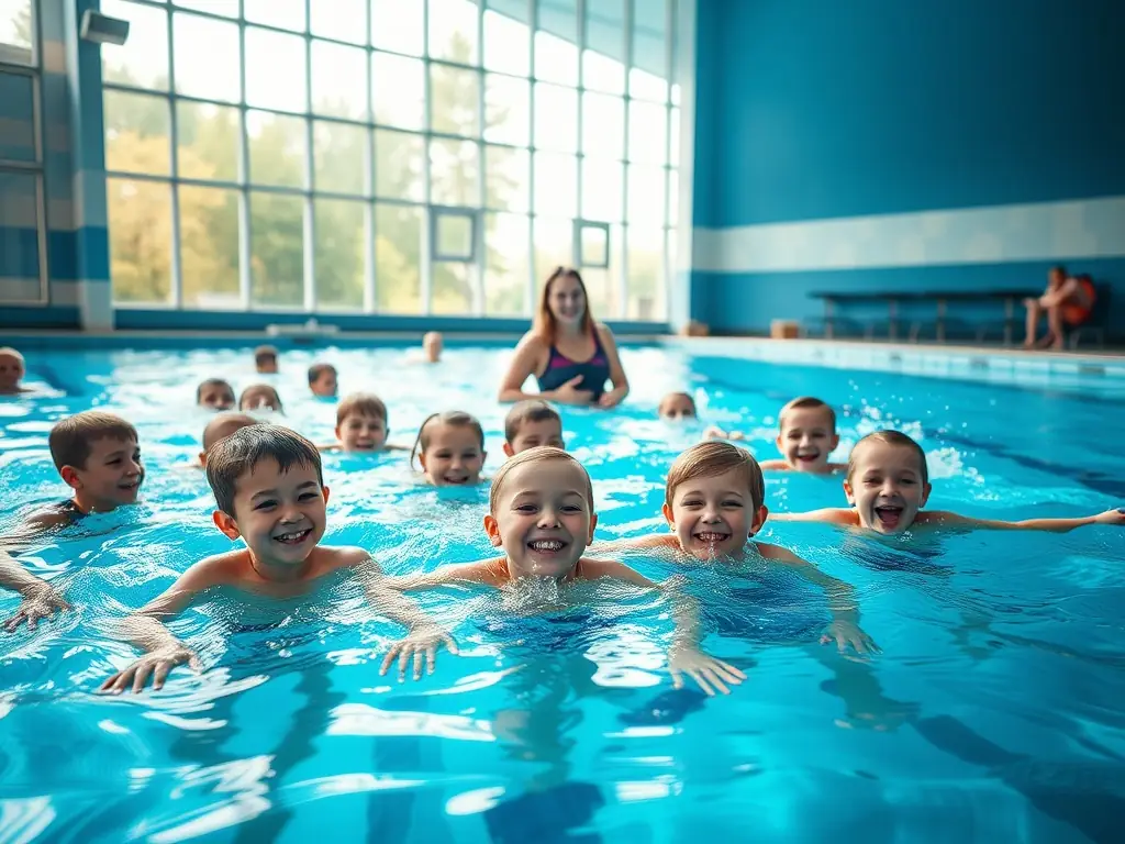 A vibrant photo of children and adults swimming in a well-maintained indoor pool, with instructors guiding participants, showcasing the Swimming Programs.