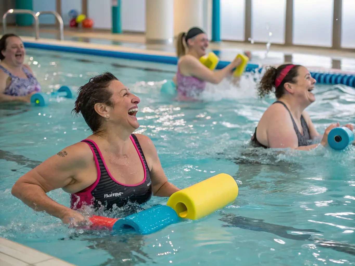 An image of a group participating in water aerobics in a bright, lively pool setting, representing Cultural and Physical Activities.