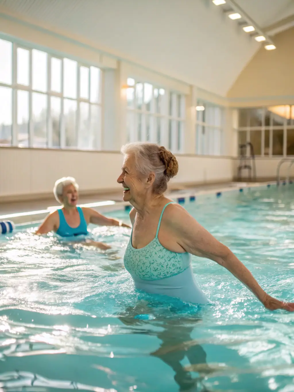 A photo of adults participating in a water aerobics class, demonstrating various exercises in a pool setting.